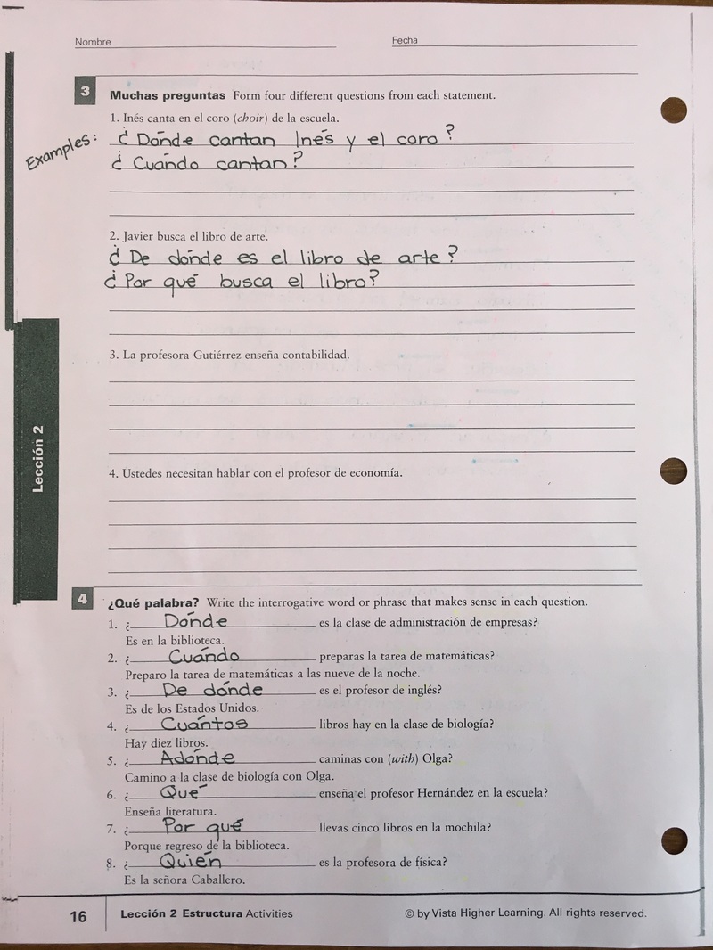 Vhlcentral Answer Key Spanish 1 Lesson 3